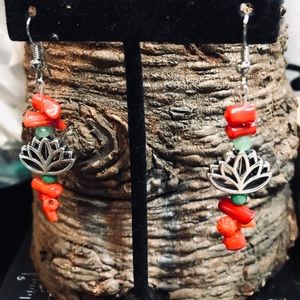 Metal Lotus flower coral stone earrings